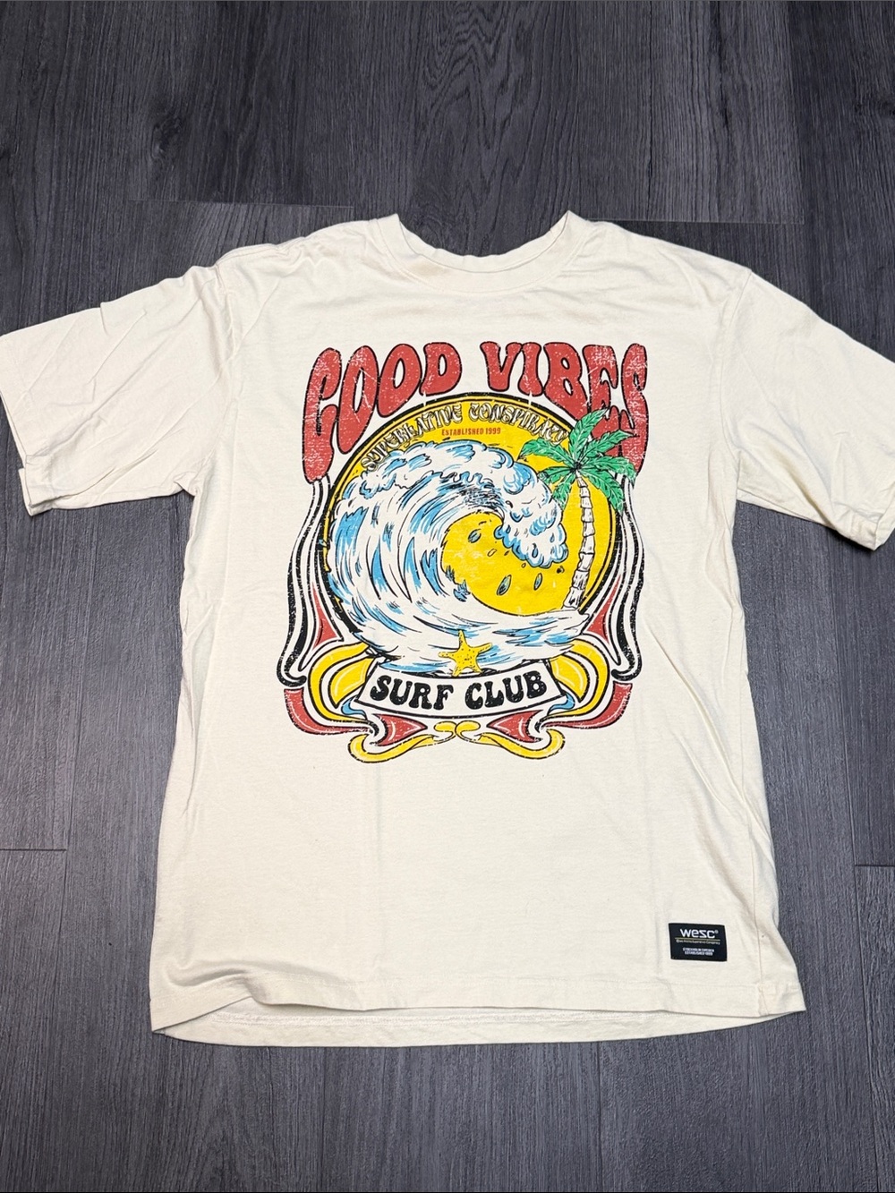 Wesc Cream 'Good Vibes' Surf Club Tee with Red, Blue, Yellow & Green Graphic